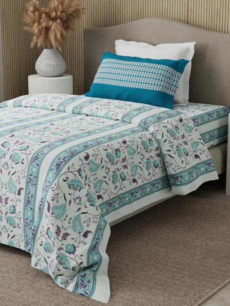 Valatia 100% Cotton 200 TC Karigari Printed Single Bedsheet with 1 Pillow Cover - Blue & White