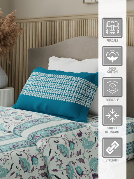 Valatia 100% Cotton 200 TC Karigari Printed Single Bedsheet with 1 Pillow Cover - Blue & White