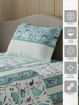 Valatia 100% Cotton 200 TC Karigari Printed Single Bedsheet with 1 Pillow Cover - Blue & White