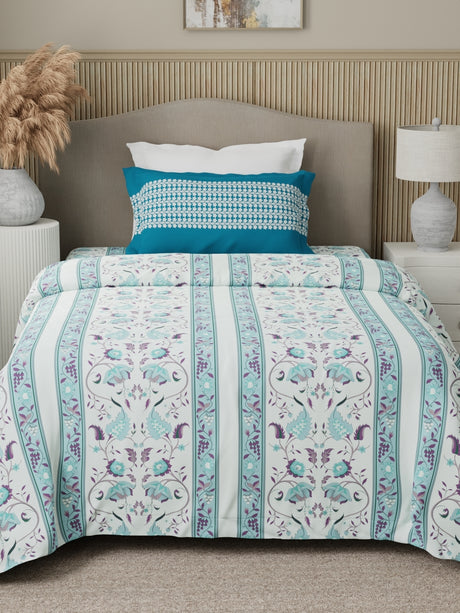 Valatia 100% Cotton 200 TC Karigari Printed Single Bedsheet with 1 Pillow Cover - Blue & White