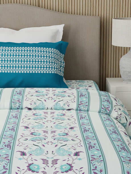 Valatia 100% Cotton 200 TC Karigari Printed Single Bedsheet with 1 Pillow Cover - Blue & White