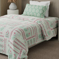 100% Cotton 200 TC Karigari Printed Single Bedsheet with 1 Pillow Cover - Green & Pink - Valatia