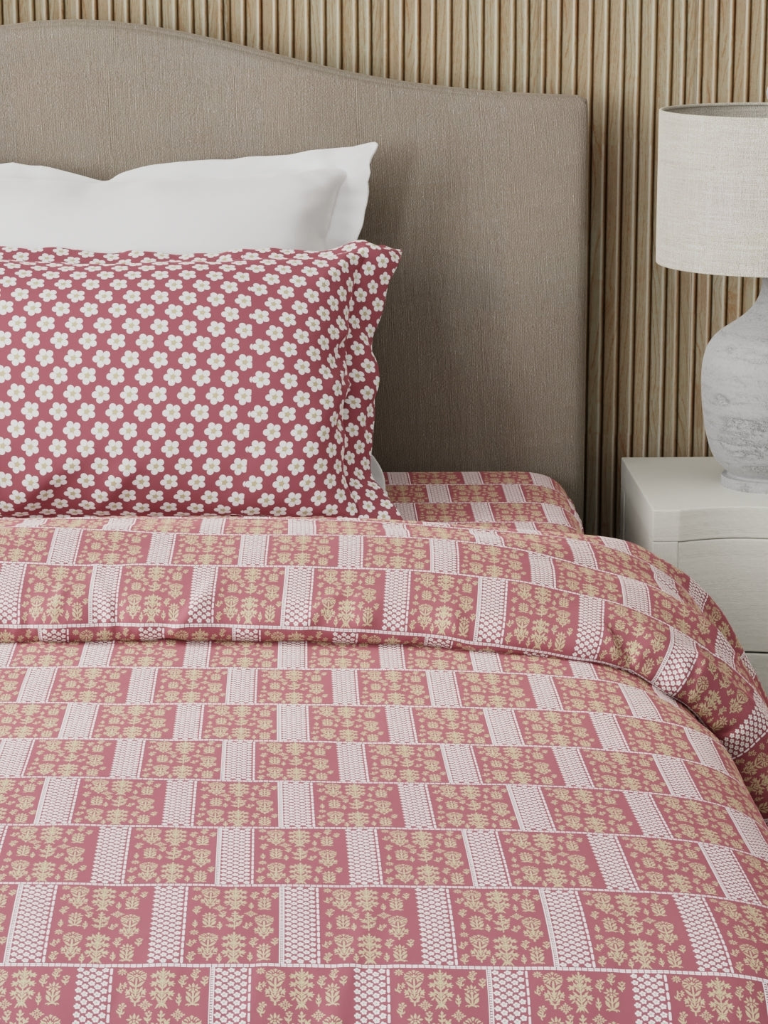 Valatia 100% Cotton 200 TC Karigari Printed Single Bedsheet with 1 Pillow Cover - Pink