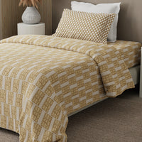 100% Cotton 200 TC Karigari Printed Single Bedsheet with 1 Pillow Cover - Beige - Valatia