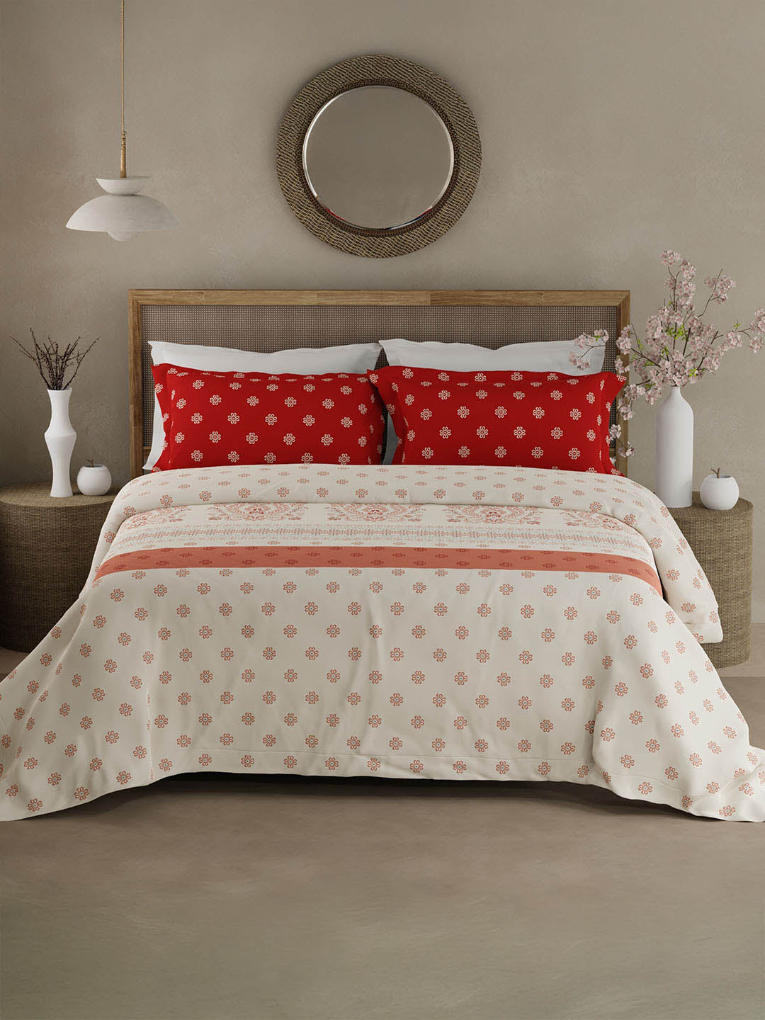 Valatia Gypsy 100% Cotton 200 TC Ethnic Printed King Bedsheet with 2 Pillow Covers - Red & White