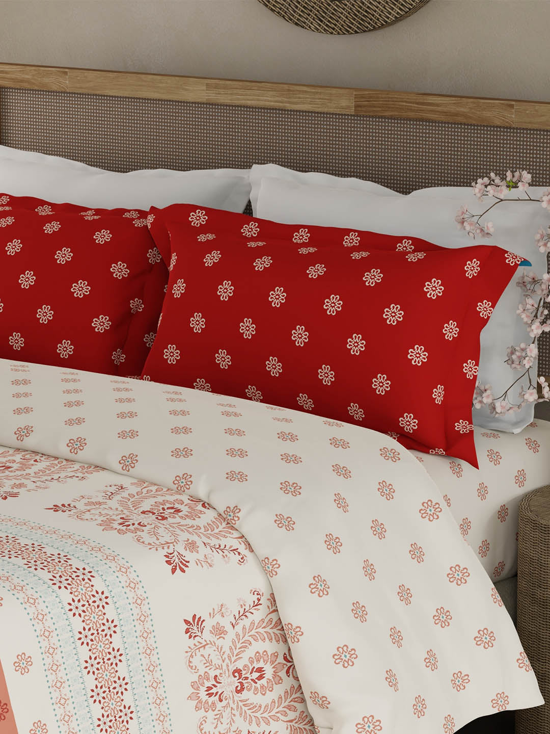 Valatia Gypsy 100% Cotton 200 TC Ethnic Printed King Bedsheet with 2 Pillow Covers - Red & White