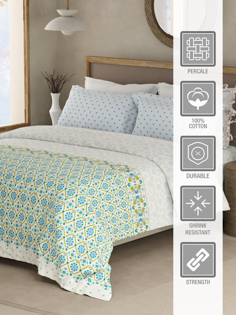 Valatia Gypsy 100% Cotton 200 TC Ethnic Printed King Bedsheet with 2 Pillow Covers - Blue