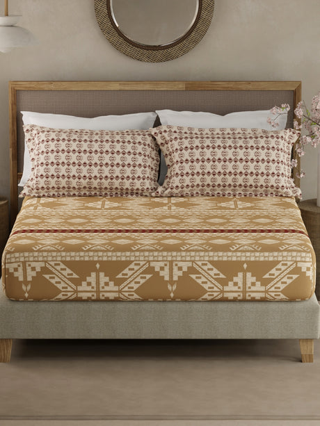 Valatia Gypsy 100% Cotton 200 TC Ethnic Print Fitted King Bedsheet with 2 Pillow Covers - Brown