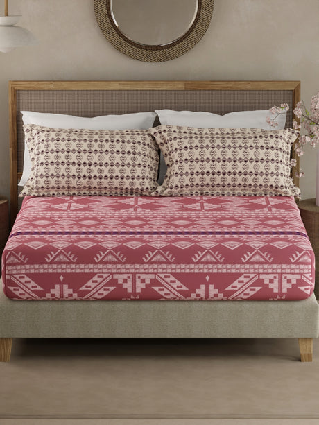 Valatia Gypsy 100% Cotton 200 TC Ethnic Print Fitted King Bedsheet with 2 Pillow Covers - Pink
