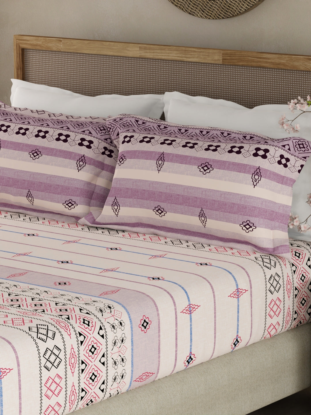 Valatia Gypsy 100% Cotton 200 TC Ethnic Print Fitted King Bedsheet with 2 Pillow Covers - Purple