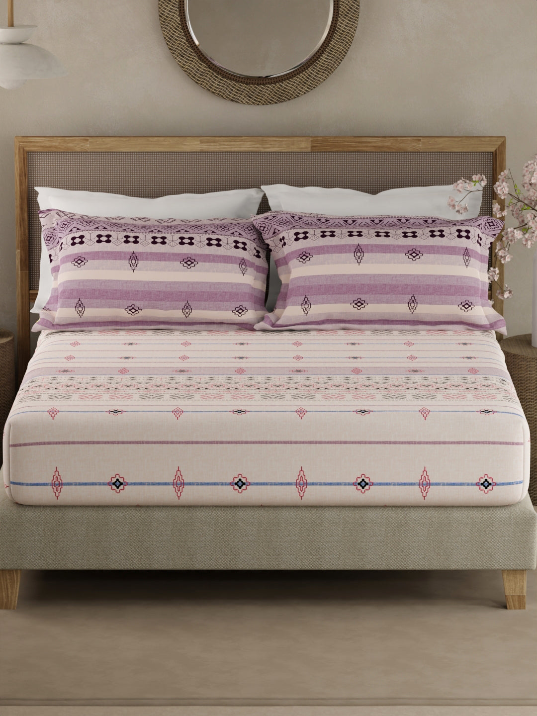 Valatia Gypsy 100% Cotton 200 TC Ethnic Print Fitted King Bedsheet with 2 Pillow Covers - Purple