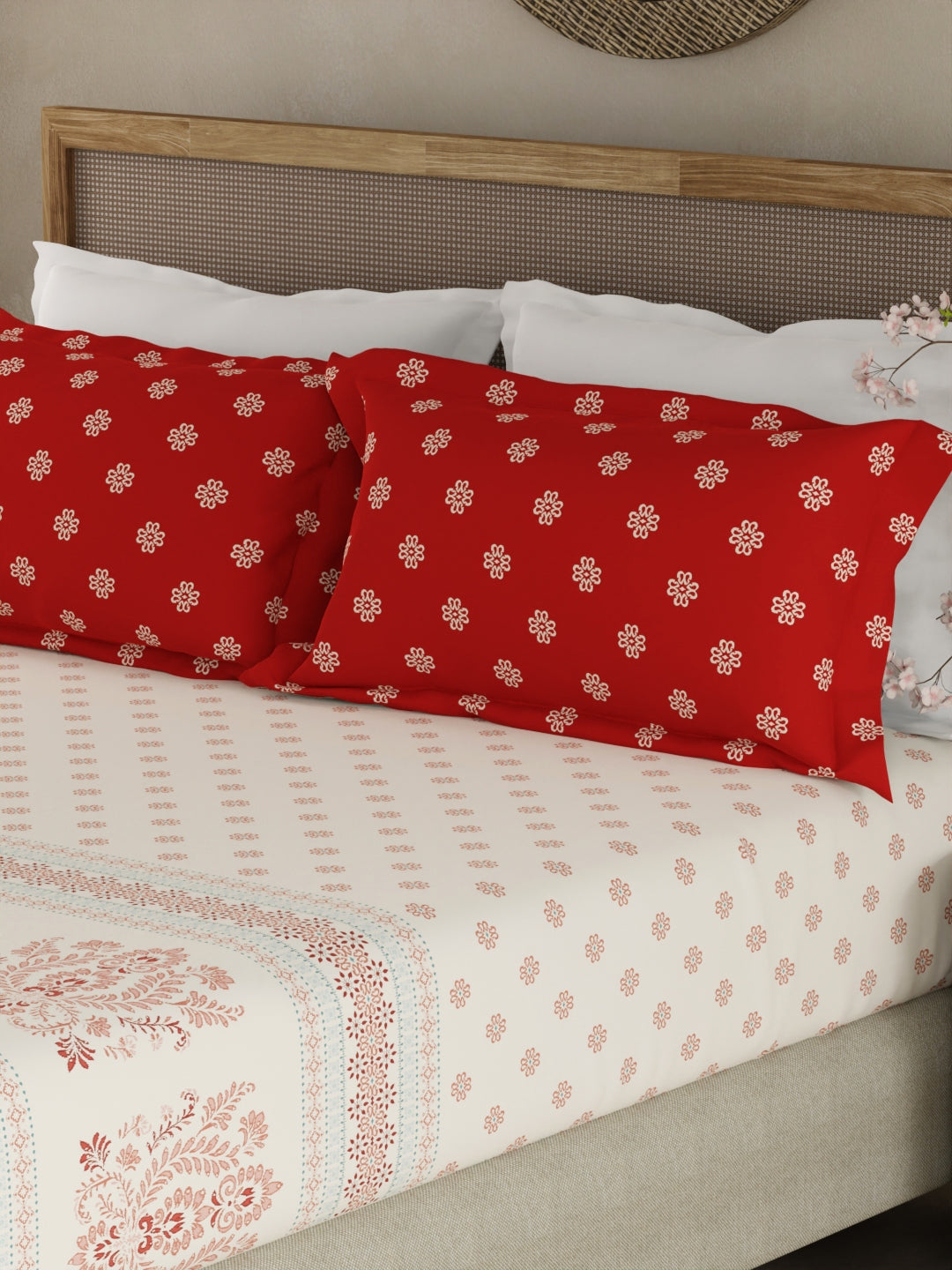 Valatia Gypsy 100% Cotton 200 TC Ethnic Print Fitted King Bedsheet with 2 Pillow Covers - White & Red