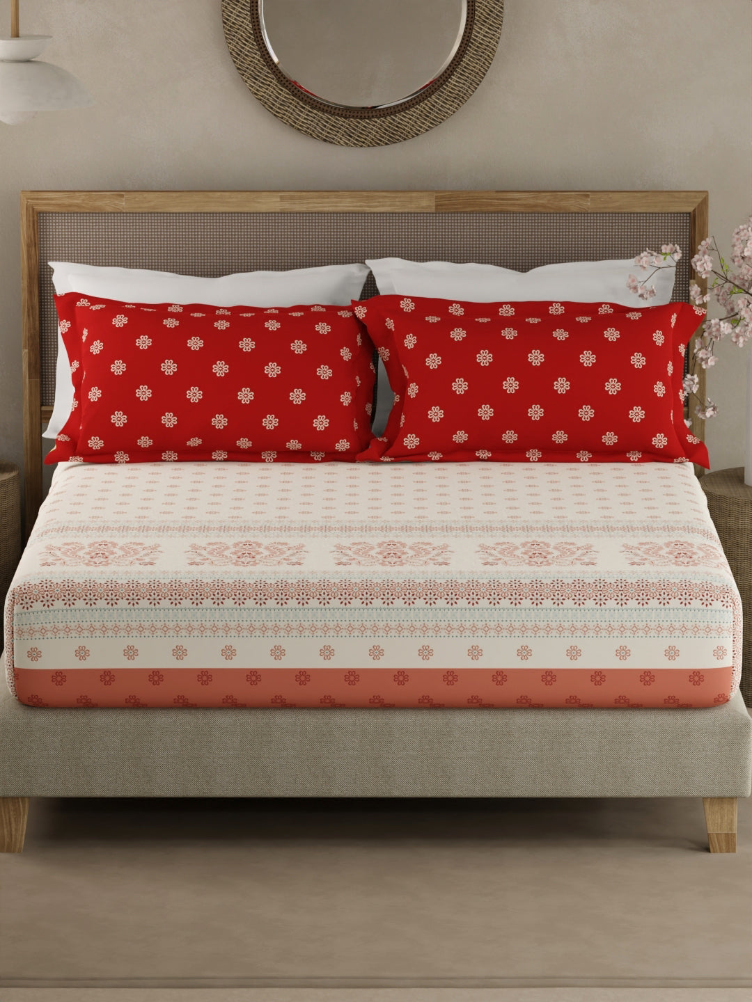 Valatia Gypsy 100% Cotton 200 TC Ethnic Print Fitted King Bedsheet with 2 Pillow Covers - White & Red