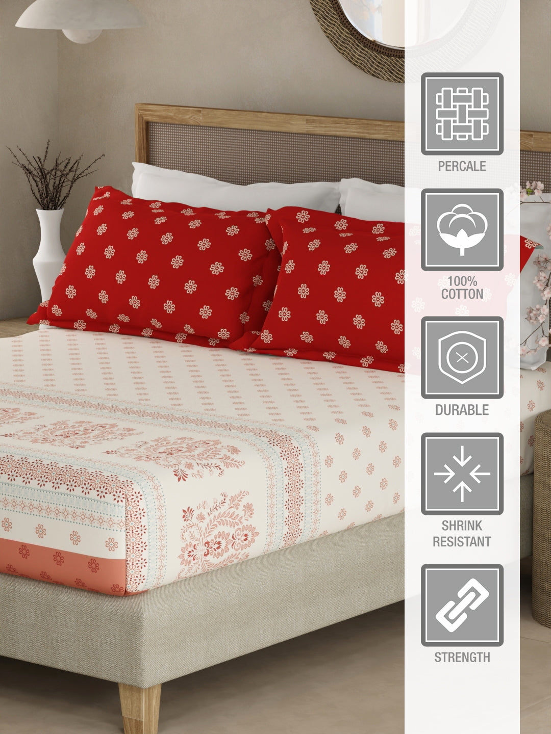 Valatia Gypsy 100% Cotton 200 TC Ethnic Print Fitted King Bedsheet with 2 Pillow Covers - White & Red