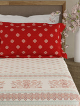 Valatia Gypsy 100% Cotton 200 TC Ethnic Print Fitted King Bedsheet with 2 Pillow Covers - White & Red