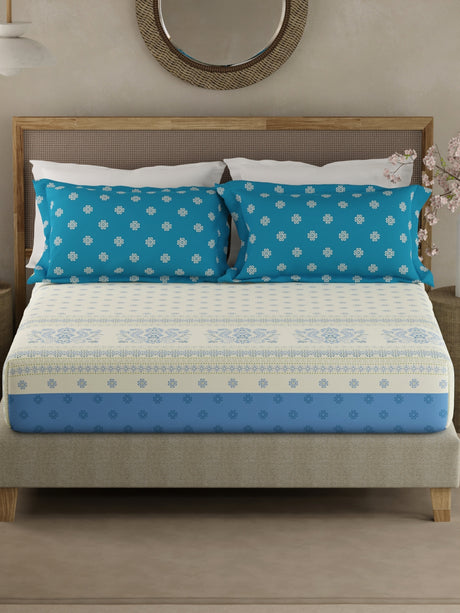 Valatia Gypsy 100% Cotton 200 TC Ethnic Print Fitted King Bedsheet with 2 Pillow Covers - White & Blue