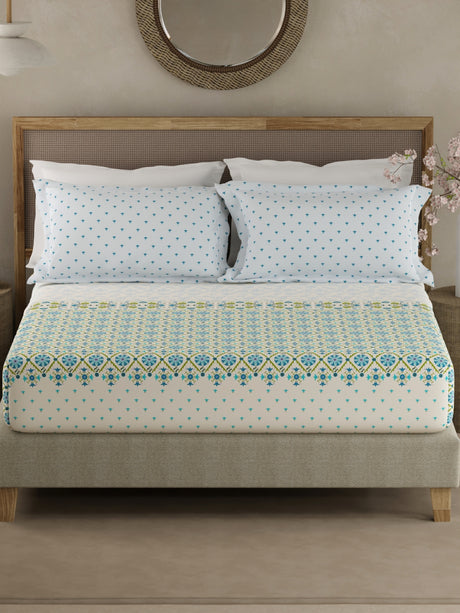 Valatia Gypsy 100% Cotton 200 TC Ethnic Print Fitted King Bedsheet with 2 Pillow Covers - Blue