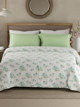 Valatia 100% Cotton 200 TC White & Green Floral King Bedsheet with 2 Pillow Covers