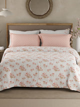 Valatia 100% Cotton 200 TC White & Pink Floral King Bedsheet with 2 Pillow Covers