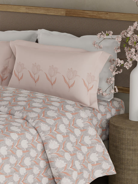 Valatia 100% Cotton 200 TC Grey Floral King Bedsheet with 2 Pillow Covers