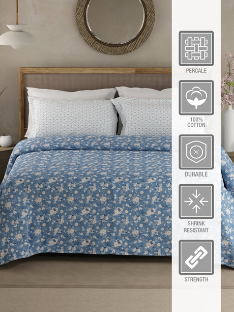 Valatia 100% Cotton 200 TC Blue Floral King Bedsheet with 2 Pillow Covers