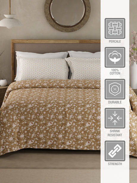 Valatia 100% Cotton 200 TC Brown Floral King Bedsheet with 2 Pillow Covers