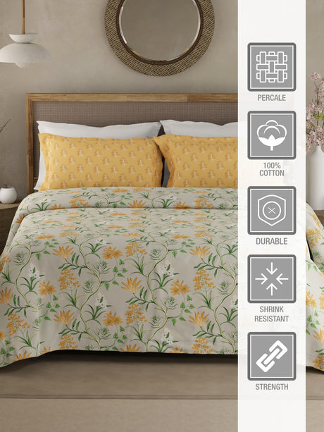 Valatia 100% Cotton 200 TC Yellow & Green Floral King Bedsheet with 2 Pillow Covers