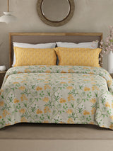 Valatia 100% Cotton 200 TC Yellow & Green Floral King Bedsheet with 2 Pillow Covers