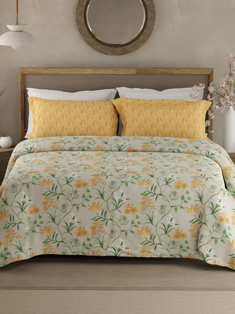 Valatia 100% Cotton 200 TC Yellow & Green Floral King Bedsheet with 2 Pillow Covers