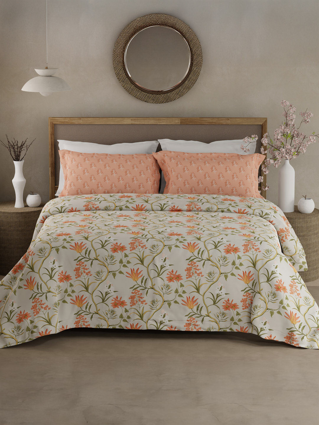 Valatia 100% Cotton 200 TC Orange & Green Floral King Bedsheet with 2 Pillow Covers