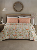 Valatia 100% Cotton 200 TC Orange & Green Floral King Bedsheet with 2 Pillow Covers