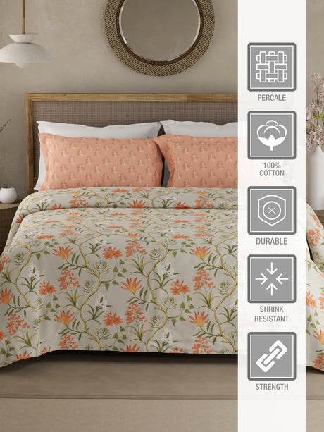 Valatia 100% Cotton 200 TC Orange & Green Floral King Bedsheet with 2 Pillow Covers