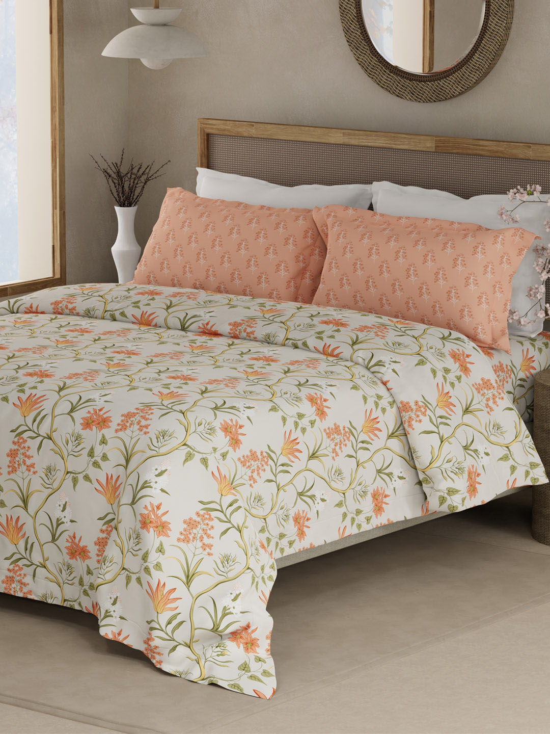 Valatia 100% Cotton 200 TC Orange & Green Floral King Bedsheet with 2 Pillow Covers