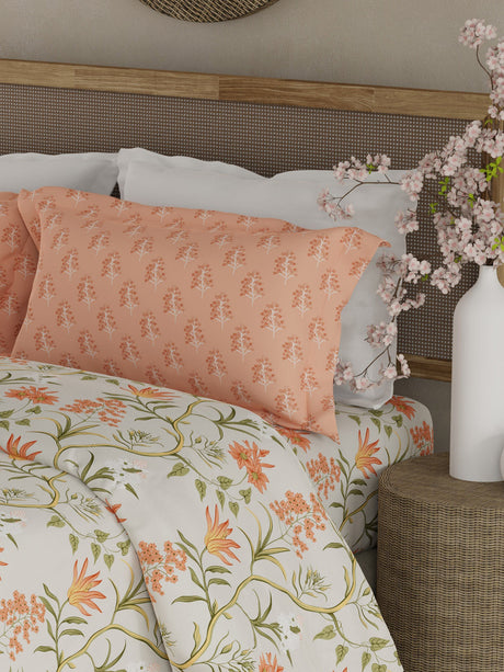 Valatia 100% Cotton 200 TC Orange & Green Floral King Bedsheet with 2 Pillow Covers