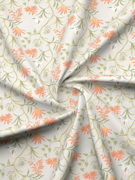 Valatia 100% Cotton 200 TC Orange & Green Floral King Bedsheet with 2 Pillow Covers