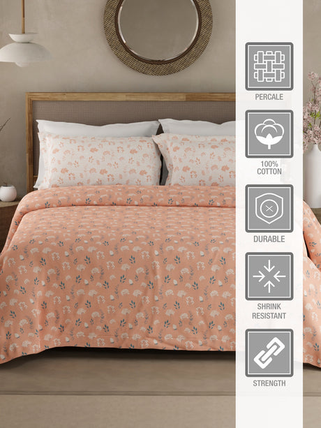 Valatia 100% Cotton 200 TC Peach Floral King Bedsheet with 2 Pillow Covers