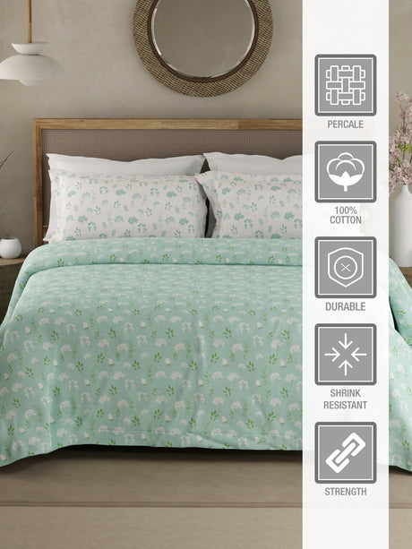 Valatia 100% Cotton 200 TC Green Floral King Bedsheet with 2 Pillow Covers