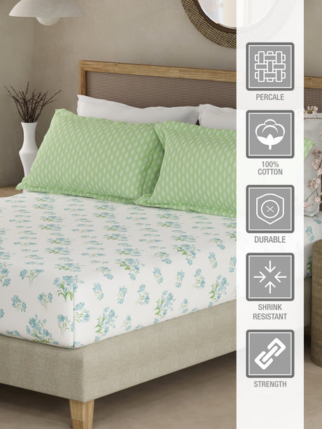 Valatia 100% Cotton 200 TC White & Green Floral King Fitted Bedsheet with 2 Pillow Covers