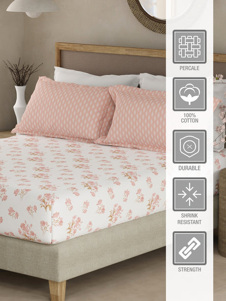 Valatia 100% Cotton 200 TC Peach & White Floral King Fitted Bedsheet with 2 Pillow Covers