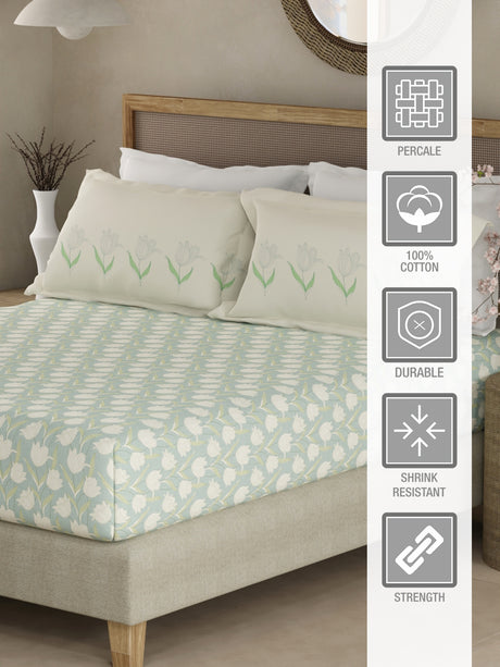 Valatia 100% Cotton 200 TC Grey & White Floral King Fitted Bedsheet with 2 Pillow Covers