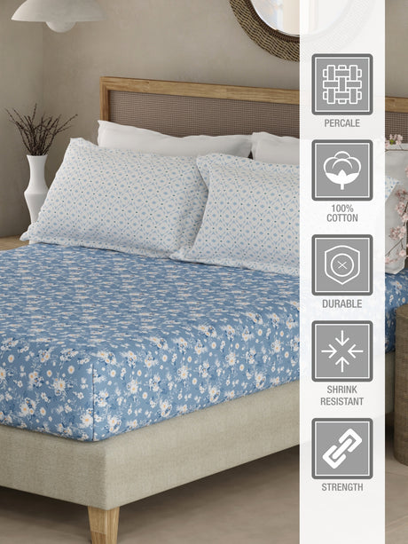 Valatia 100% Cotton 200 TC Blue Floral King Fitted Bedsheet with 2 Pillow Covers