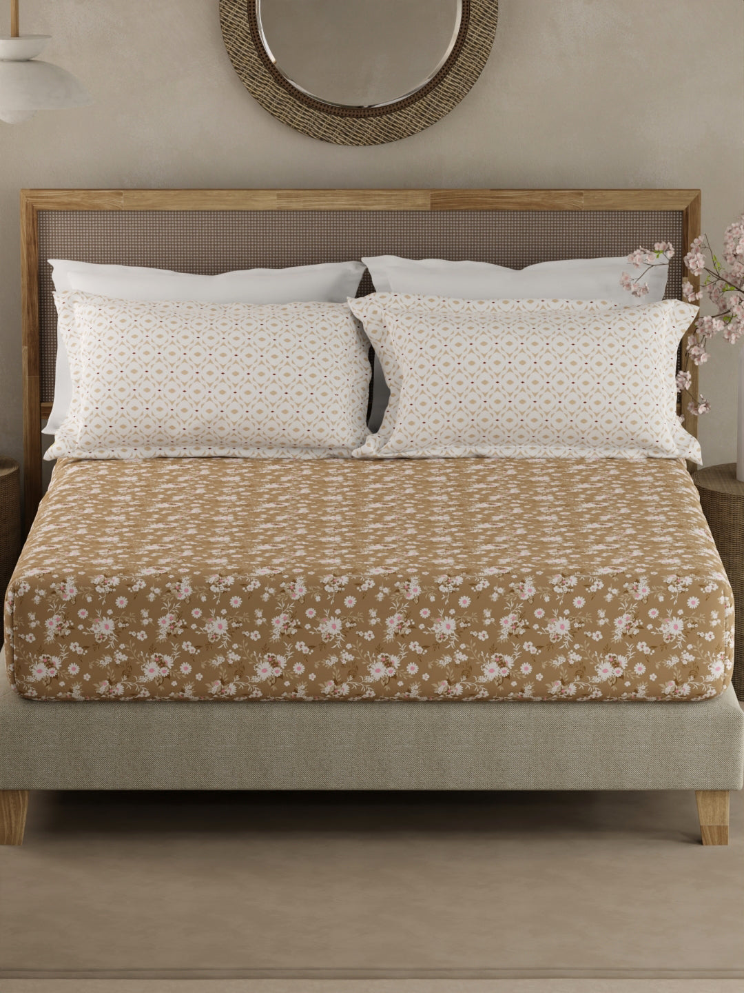 Valatia 100% Cotton 200 TC Brown Floral King Fitted Bedsheet with 2 Pillow Covers