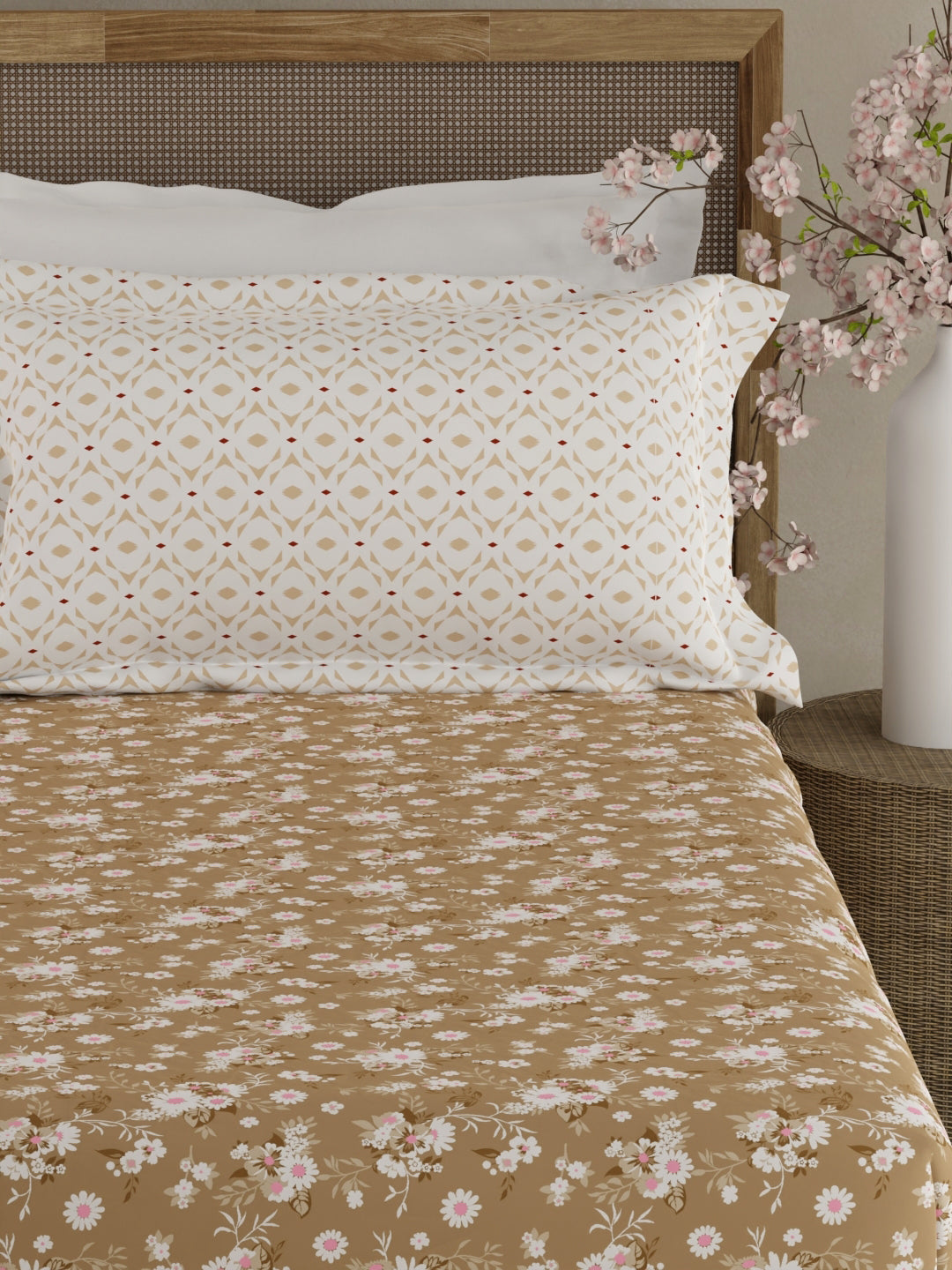 Valatia 100% Cotton 200 TC Brown Floral King Fitted Bedsheet with 2 Pillow Covers