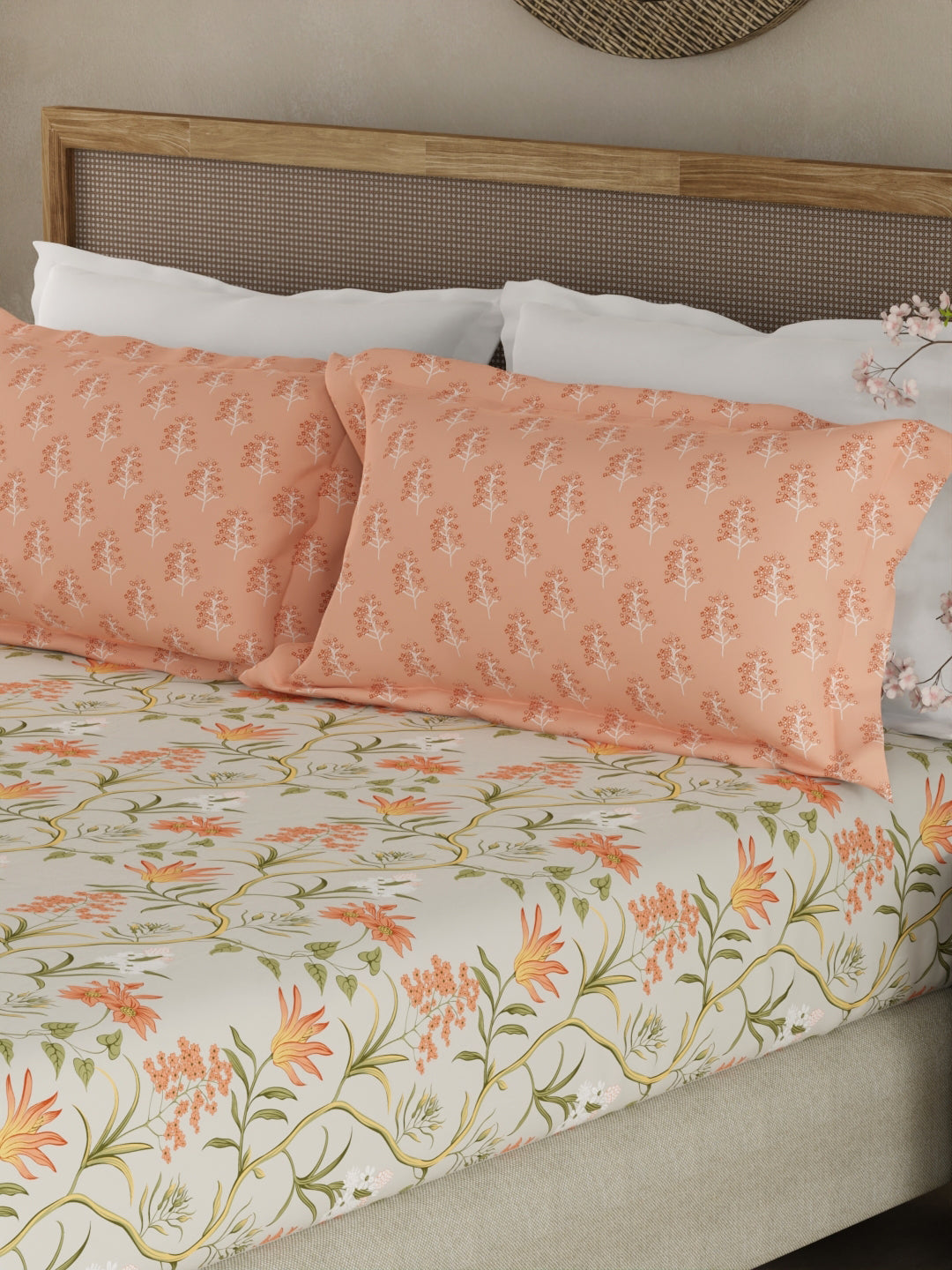 Valatia 100% Cotton 200 TC Orange & Green Floral King Fitted Bedsheet with 2 Pillow Covers