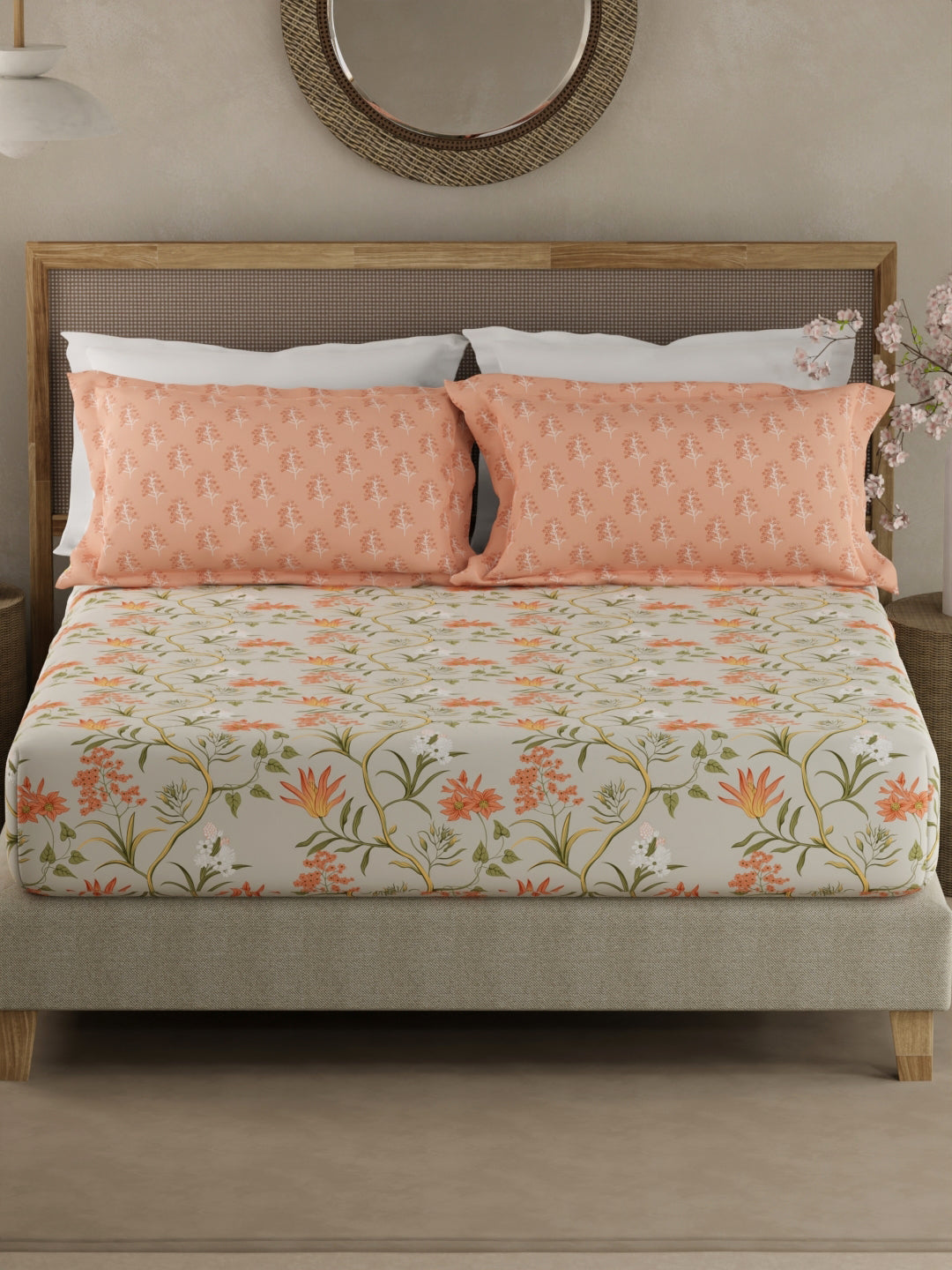Valatia 100% Cotton 200 TC Orange & Green Floral King Fitted Bedsheet with 2 Pillow Covers