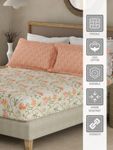 Valatia 100% Cotton 200 TC Orange & Green Floral King Fitted Bedsheet with 2 Pillow Covers