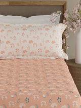 Valatia 100% Cotton 200 TC Peach Floral King Fitted Bedsheet with 2 Pillow Covers