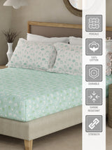 Valatia 100% Cotton 200 TC Green Floral King Fitted Bedsheet with 2 Pillow Covers