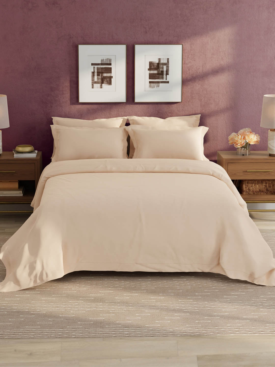 100% Cotton 300 TC, King Size Dyed Bedsheet with 1 Duvet Cover and 4 Pillow Covers, Emblem Collection - Pearl Blush