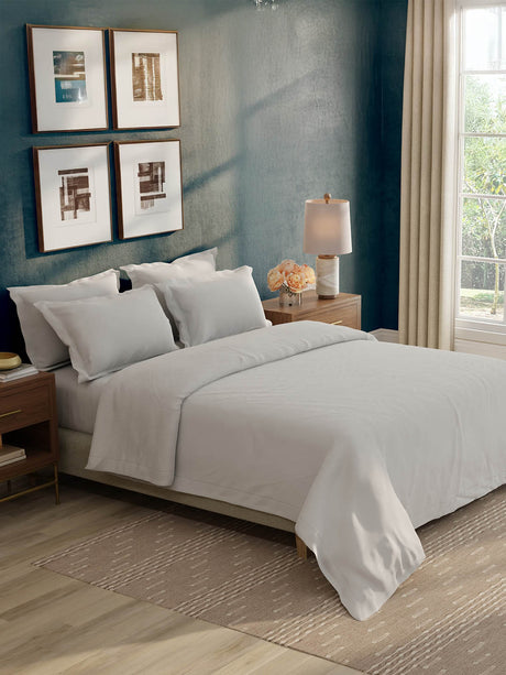 100% Cotton 300 TC, King Size Dyed Bedsheet with 1 Duvet Cover and 4 Pillow Covers, Emblem Collection - Oyester Mushroom